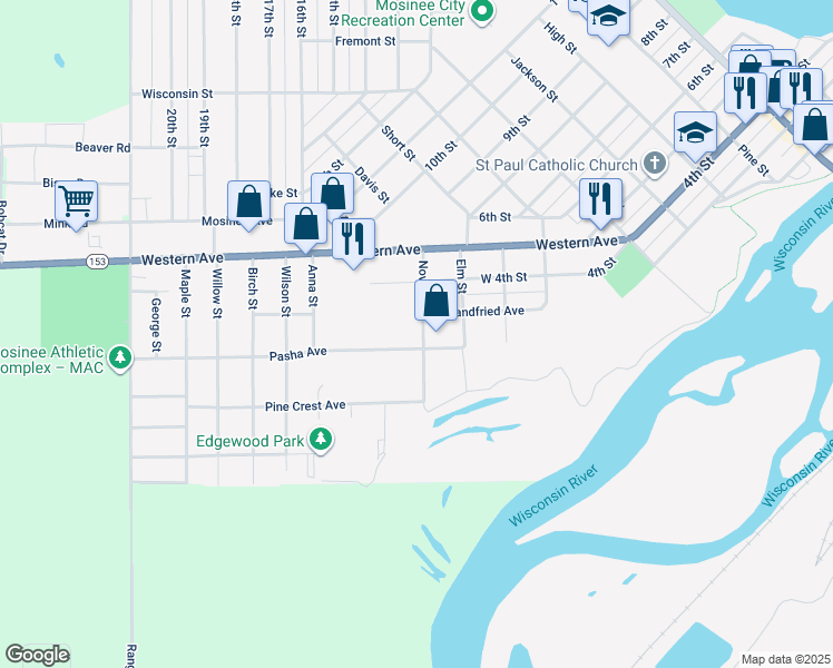 map of restaurants, bars, coffee shops, grocery stores, and more near 301 Novak Street in Mosinee