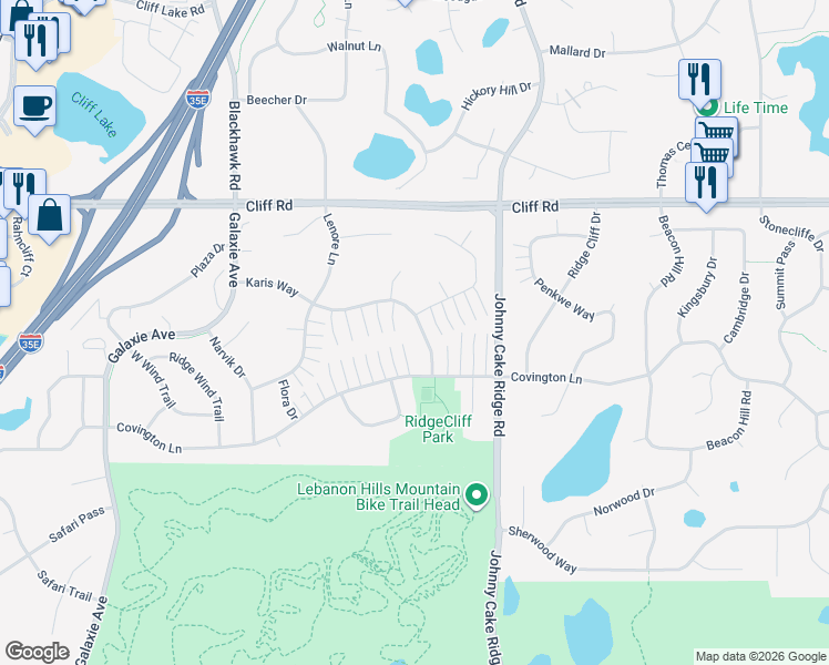 map of restaurants, bars, coffee shops, grocery stores, and more near 1766 Karis Way in Eagan