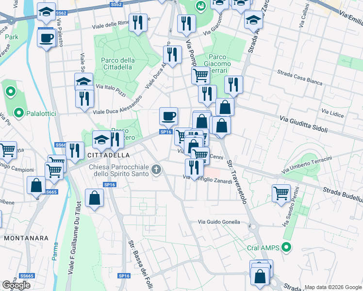 map of restaurants, bars, coffee shops, grocery stores, and more near 6 Via Giorgio Compiani in Parma