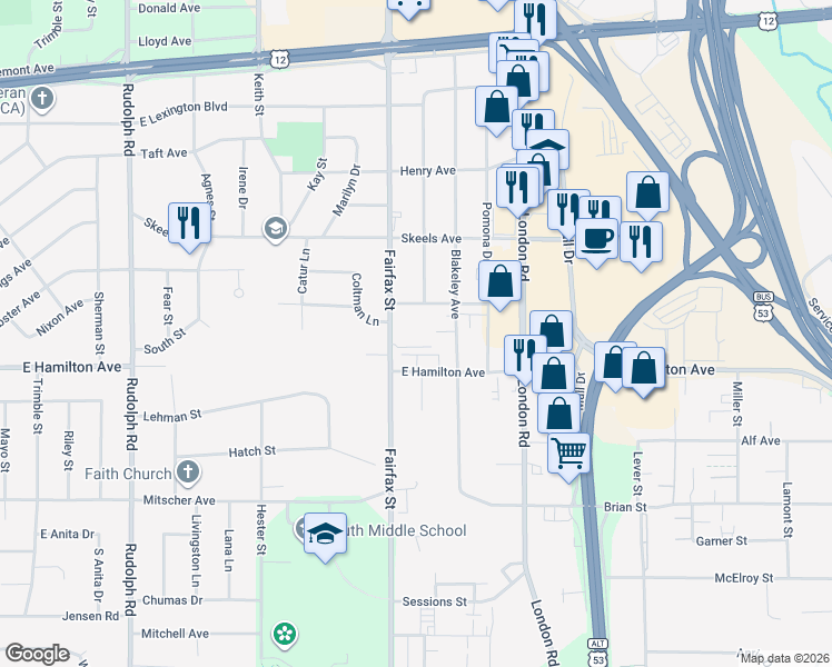 map of restaurants, bars, coffee shops, grocery stores, and more near 2313 Corona Avenue in Eau Claire