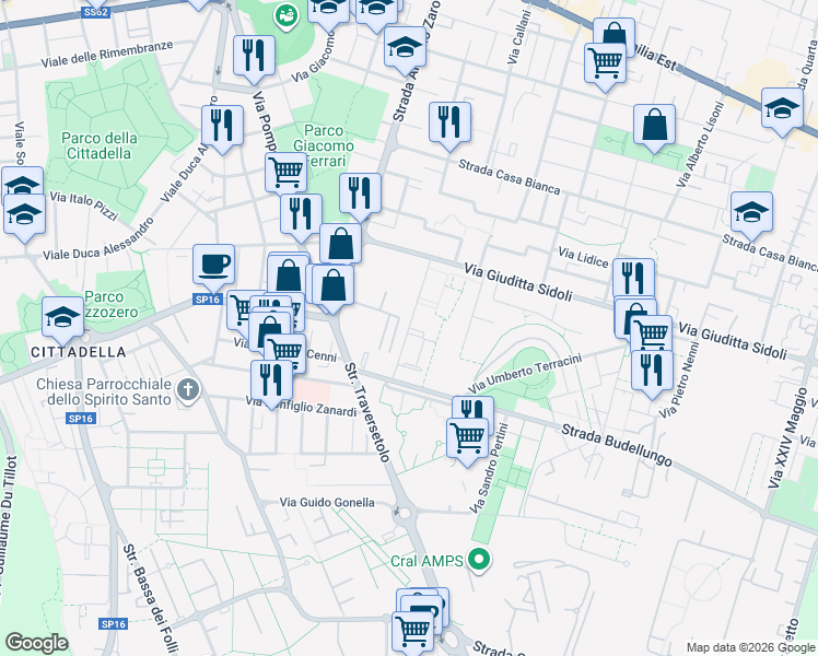 map of restaurants, bars, coffee shops, grocery stores, and more near Via Giovanni Gronchi in Parma