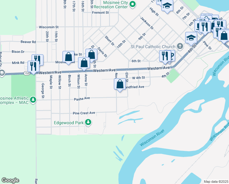 map of restaurants, bars, coffee shops, grocery stores, and more near 301 Novak Street in Mosinee