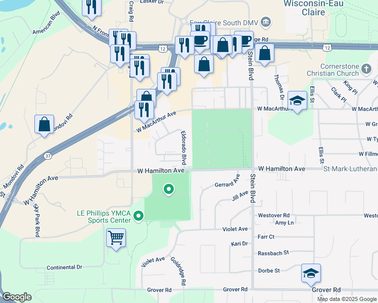 map of restaurants, bars, coffee shops, grocery stores, and more near 3131 Eldorado Boulevard in Eau Claire