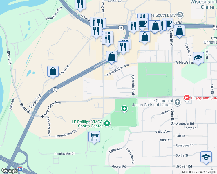 map of restaurants, bars, coffee shops, grocery stores, and more near 3117 Craig Road in Eau Claire