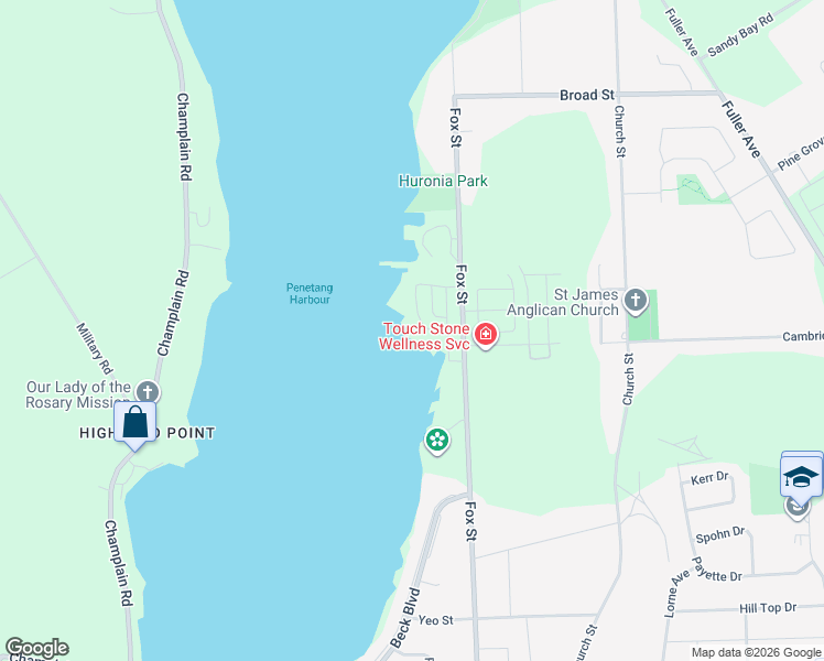 map of restaurants, bars, coffee shops, grocery stores, and more near 200 Fox Street in Penetanguishene