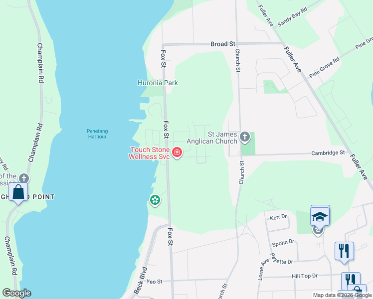 map of restaurants, bars, coffee shops, grocery stores, and more near 175 Fox Street in Penetanguishene