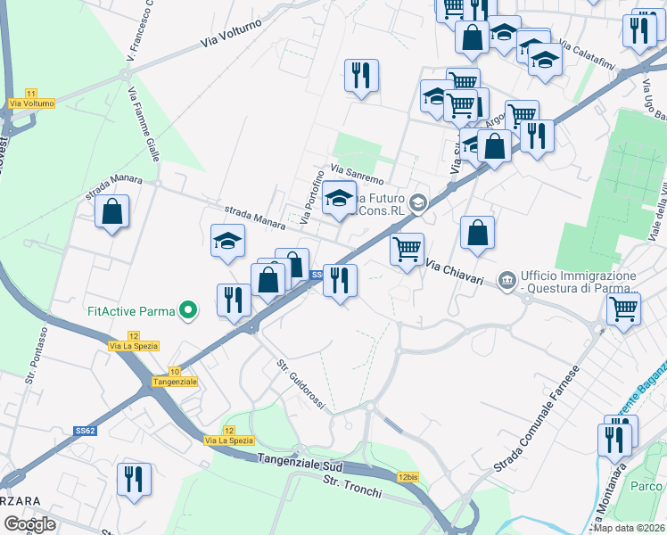 map of restaurants, bars, coffee shops, grocery stores, and more near 132 Via La Spezia in Parma