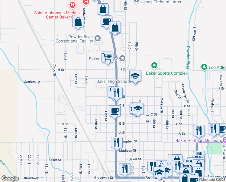 map of restaurants, bars, coffee shops, grocery stores, and more near 3055 10th Street in Baker City