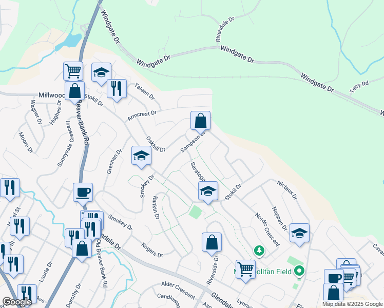 map of restaurants, bars, coffee shops, grocery stores, and more near 71 Saratoga Drive in Lower Sackville