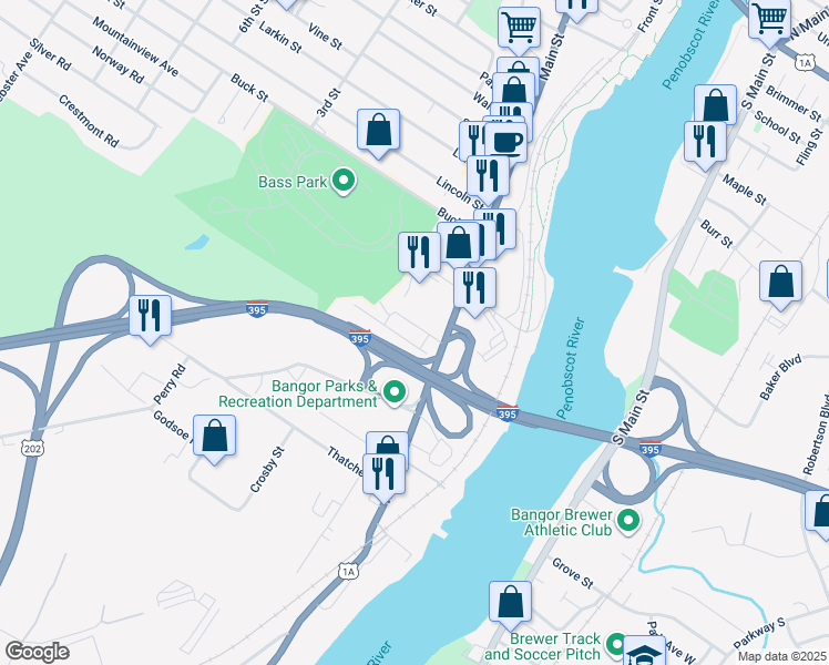 map of restaurants, bars, coffee shops, grocery stores, and more near 19 March Street in Bangor