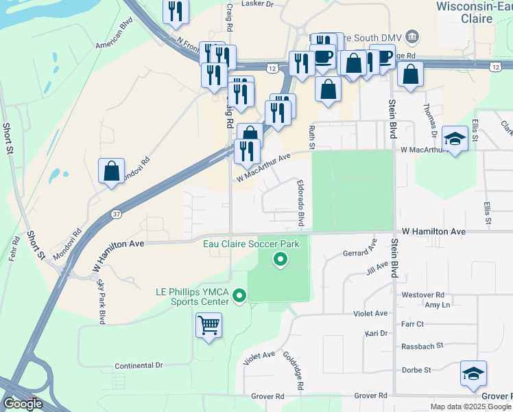map of restaurants, bars, coffee shops, grocery stores, and more near 3117 Craig Road in Eau Claire