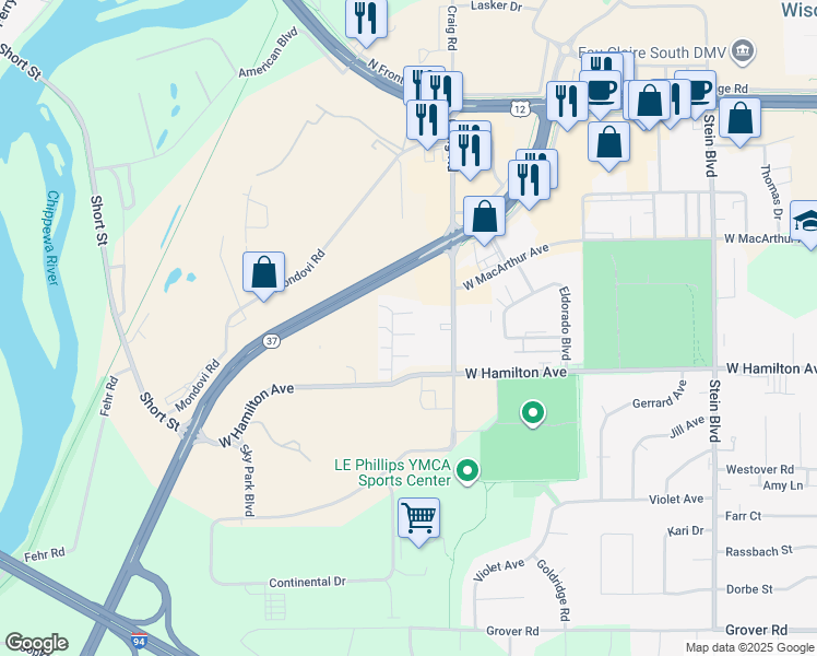 map of restaurants, bars, coffee shops, grocery stores, and more near 3139 Hidden Place in Eau Claire