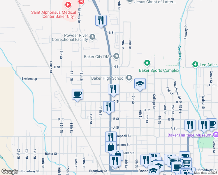 map of restaurants, bars, coffee shops, grocery stores, and more near 3055 10th St in Baker City