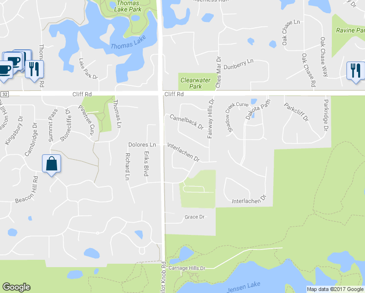 map of restaurants, bars, coffee shops, grocery stores, and more near 1381 Interlachen Drive in Eagan