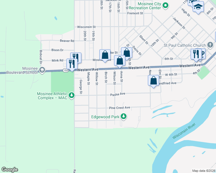 map of restaurants, bars, coffee shops, grocery stores, and more near 1118 Landfried Avenue in Mosinee