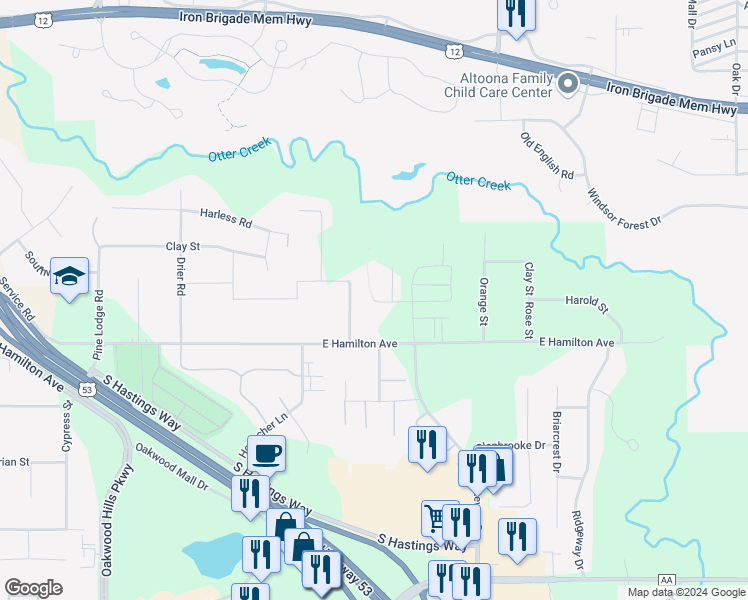 map of restaurants, bars, coffee shops, grocery stores, and more near 4880 Otteson Lane in Eau Claire