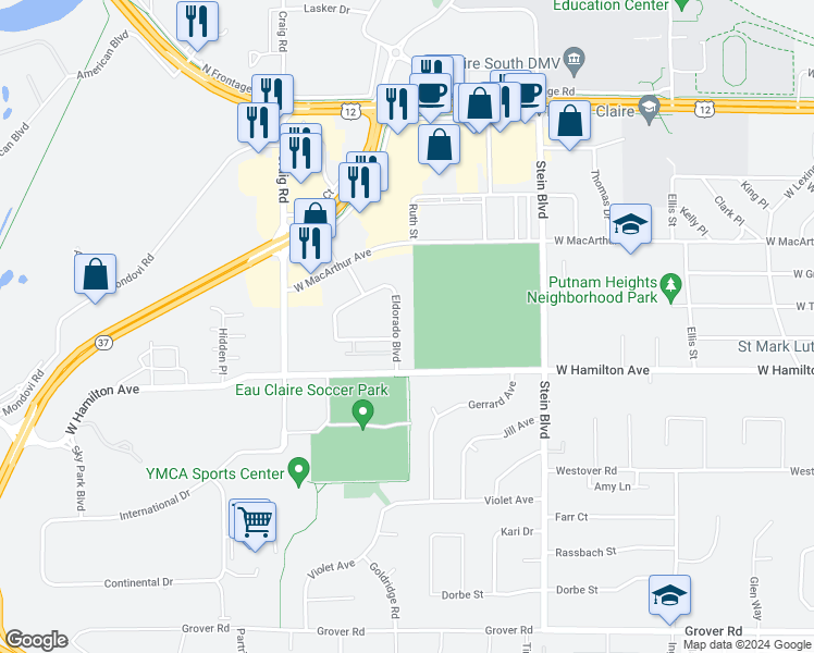 map of restaurants, bars, coffee shops, grocery stores, and more near 3131 Eldorado Boulevard in Eau Claire