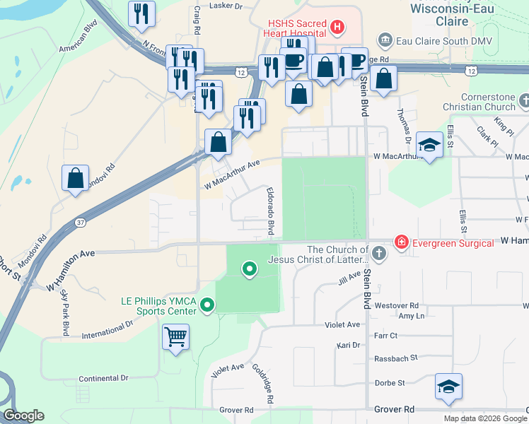 map of restaurants, bars, coffee shops, grocery stores, and more near 3130 Eldorado Boulevard in Eau Claire