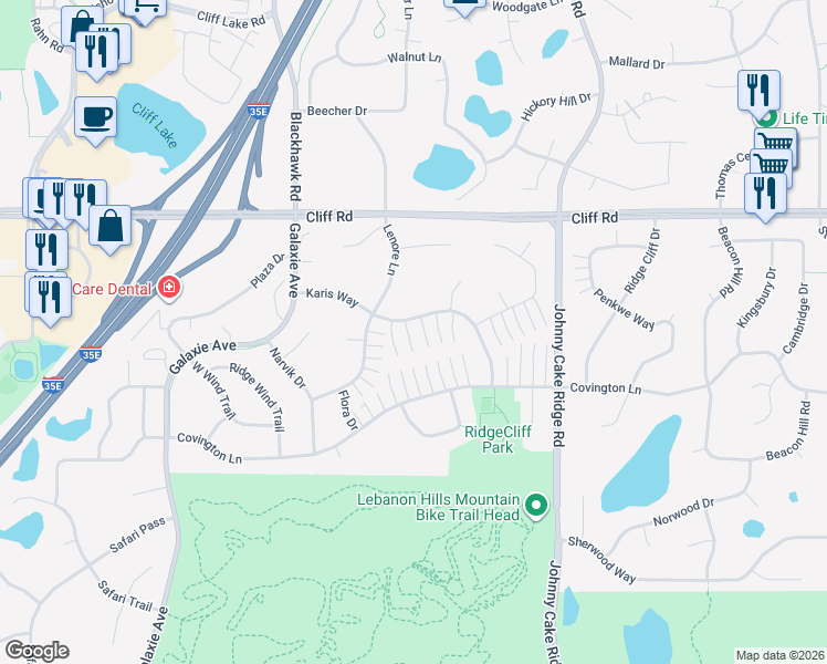 map of restaurants, bars, coffee shops, grocery stores, and more near 4671 Jackstone Point in Eagan