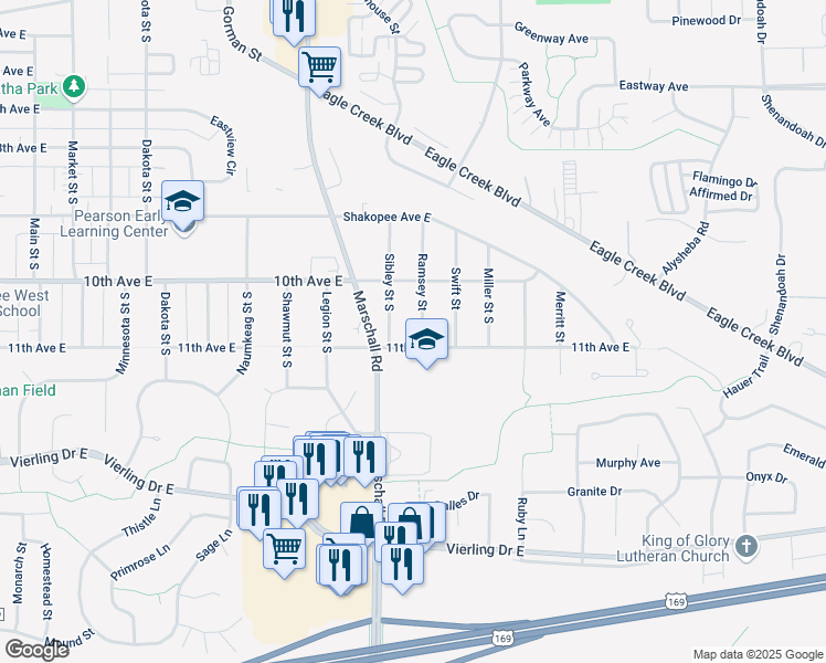 map of restaurants, bars, coffee shops, grocery stores, and more near 1064 Ramsey Street in Shakopee