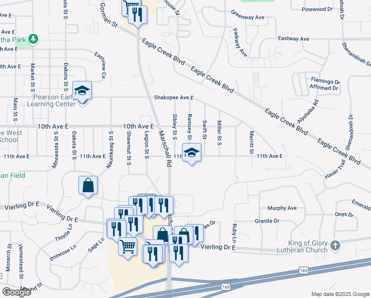 map of restaurants, bars, coffee shops, grocery stores, and more near 1064 Ramsey Street in Shakopee