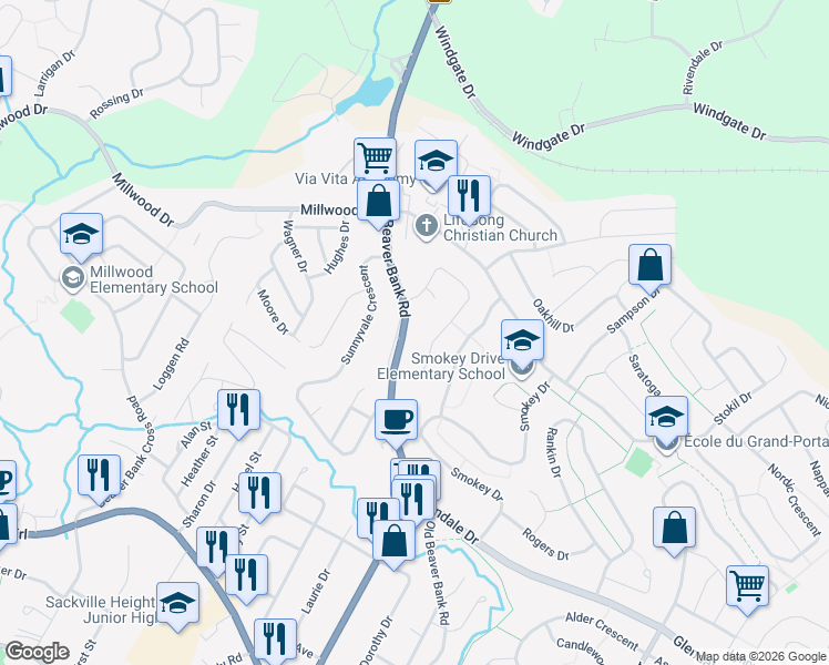 map of restaurants, bars, coffee shops, grocery stores, and more near 153 Beaver Bank Road in Lower Sackville