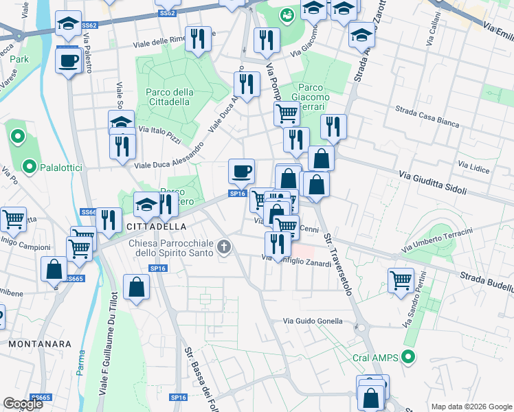 map of restaurants, bars, coffee shops, grocery stores, and more near 6 Via Giorgio Compiani in Parma