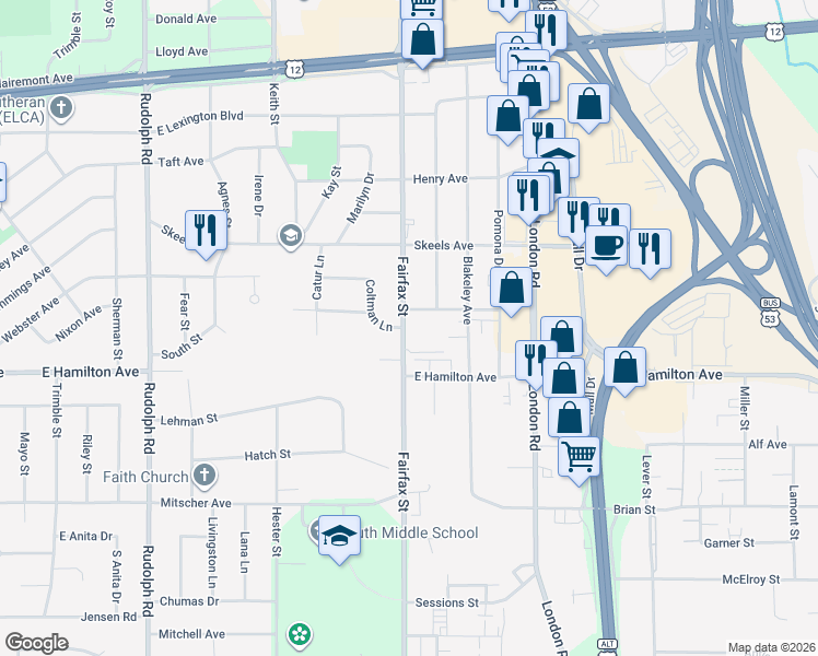 map of restaurants, bars, coffee shops, grocery stores, and more near 3125 Coltman Lane in Eau Claire
