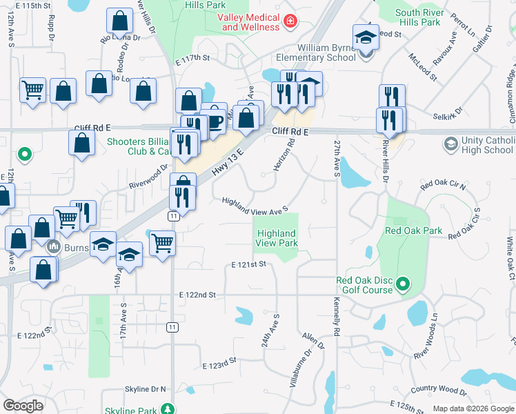 map of restaurants, bars, coffee shops, grocery stores, and more near 2300 Highland View Avenue South in Burnsville