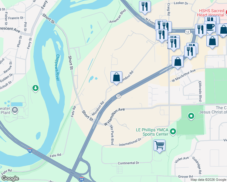 map of restaurants, bars, coffee shops, grocery stores, and more near 3007 Mondovi Road in Eau Claire