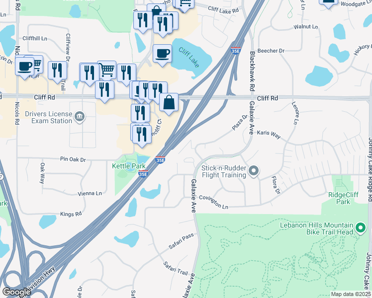 map of restaurants, bars, coffee shops, grocery stores, and more near 1915 Plaza Drive in Eagan
