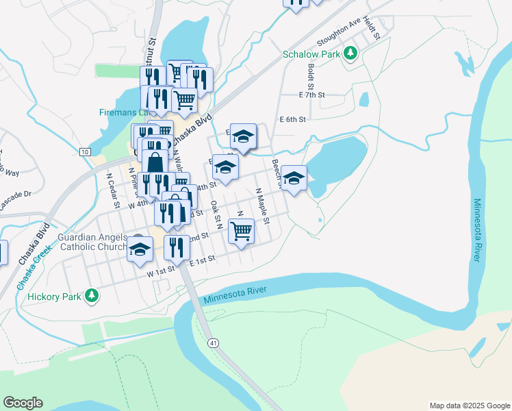 map of restaurants, bars, coffee shops, grocery stores, and more near 217 1/2 North Maple Street in Chaska