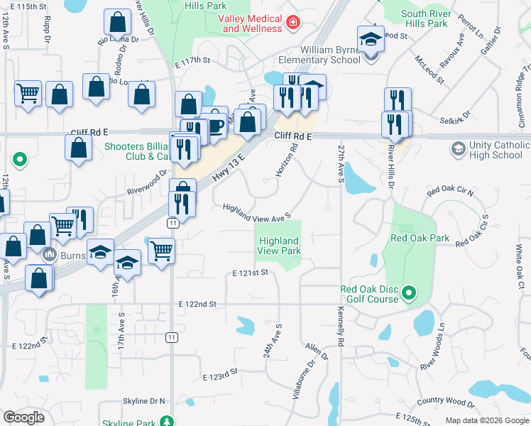 map of restaurants, bars, coffee shops, grocery stores, and more near 2300 Highland View Avenue South in Burnsville