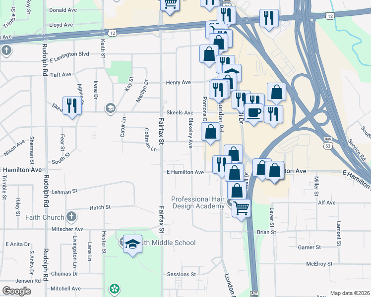 map of restaurants, bars, coffee shops, grocery stores, and more near 3113 Blakeley Avenue in Eau Claire