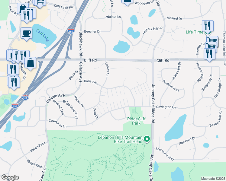 map of restaurants, bars, coffee shops, grocery stores, and more near 4671 Jackstone Point in Eagan