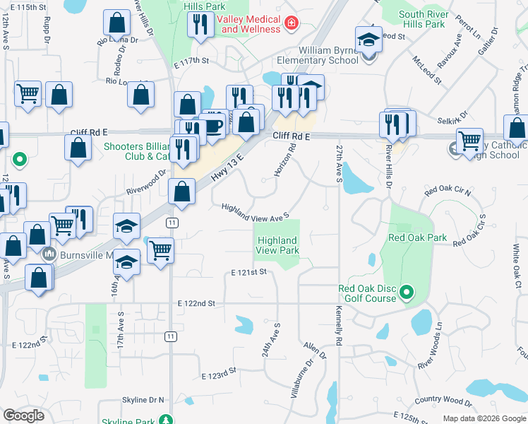 map of restaurants, bars, coffee shops, grocery stores, and more near 2300 Highland View Avenue South in Burnsville