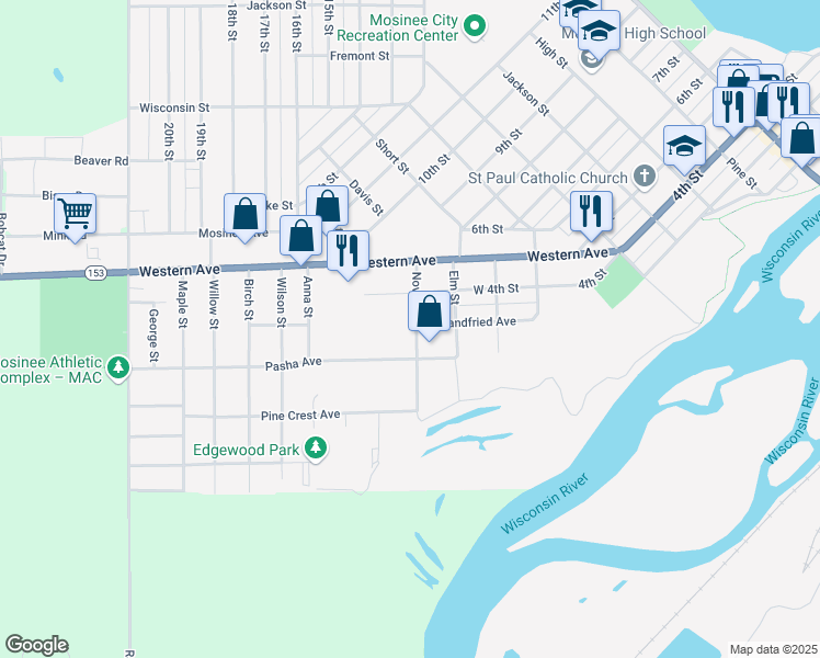 map of restaurants, bars, coffee shops, grocery stores, and more near 301 Novak St in Mosinee