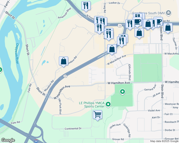 map of restaurants, bars, coffee shops, grocery stores, and more near 3146 Hidden Place in Eau Claire