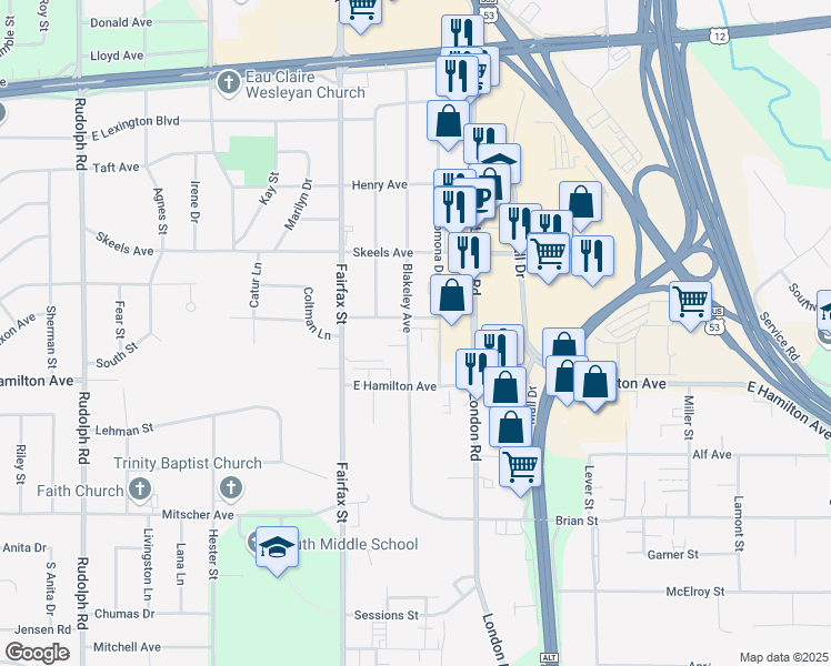 map of restaurants, bars, coffee shops, grocery stores, and more near 3113 Blakeley Avenue in Eau Claire