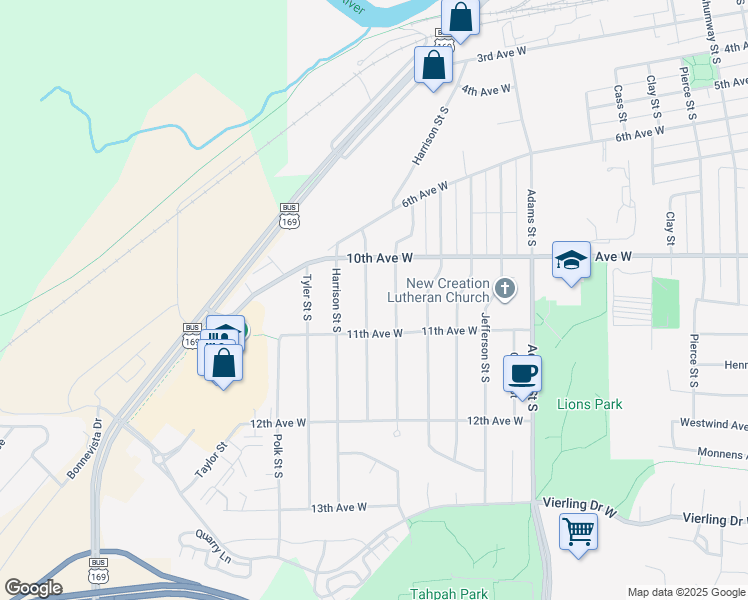 map of restaurants, bars, coffee shops, grocery stores, and more near 1057 Van Buren Street South in Shakopee