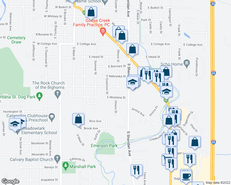 map of restaurants, bars, coffee shops, grocery stores, and more near 1036 Illinois Street in Sheridan