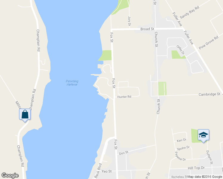 map of restaurants, bars, coffee shops, grocery stores, and more near 200 Fox St in Penetanguishene