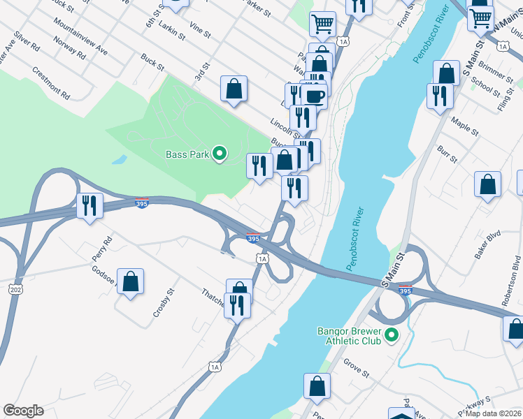 map of restaurants, bars, coffee shops, grocery stores, and more near 19 March Street in Bangor