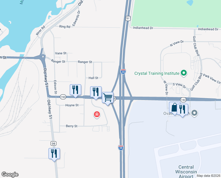 map of restaurants, bars, coffee shops, grocery stores, and more near 620 Wisconsin 153 in Mosinee