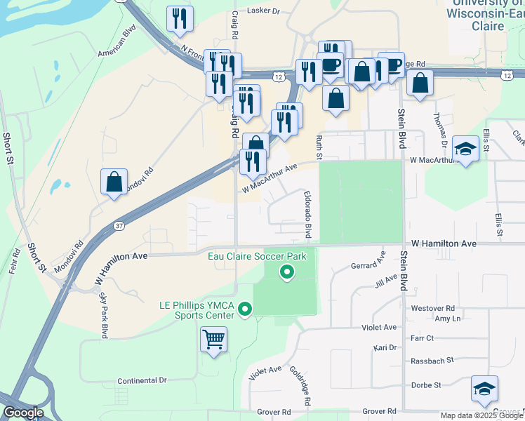 map of restaurants, bars, coffee shops, grocery stores, and more near 3117 Craig Road in Eau Claire
