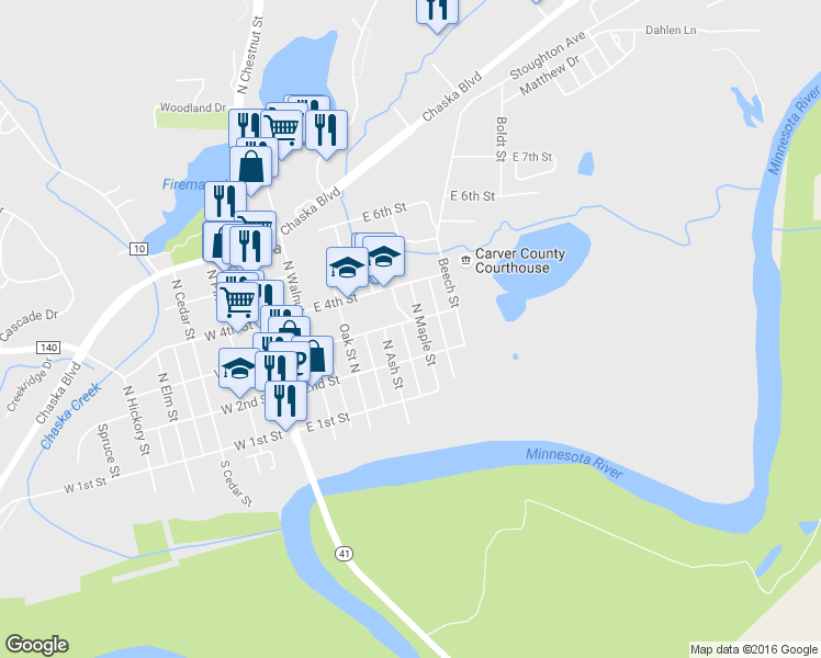 map of restaurants, bars, coffee shops, grocery stores, and more near 217 1/2 North Maple Street in Chaska