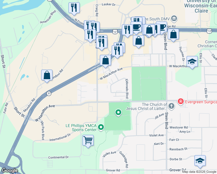 map of restaurants, bars, coffee shops, grocery stores, and more near 3117 Craig Road in Eau Claire