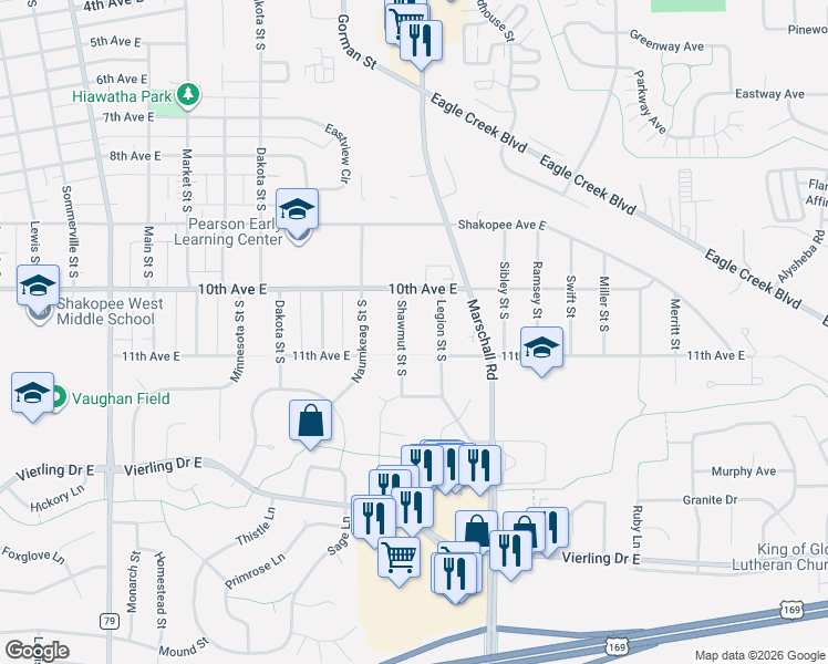 map of restaurants, bars, coffee shops, grocery stores, and more near 1065 Shawmut Street South in Shakopee