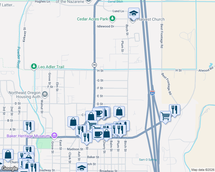 map of restaurants, bars, coffee shops, grocery stores, and more near 1040 F Street in Baker City