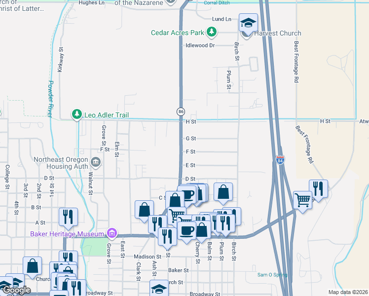 map of restaurants, bars, coffee shops, grocery stores, and more near 1190 F Street in Baker City